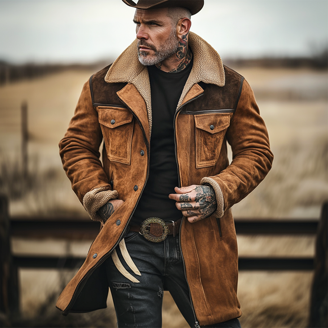 Мъжко винтидж замшено яке с патчове, многократни джобове и обратен як