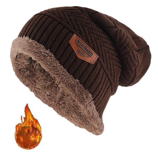 Мъжка зимна кожена шапка с етикет, плетена, разширена, дебела, с флийсово подплънка